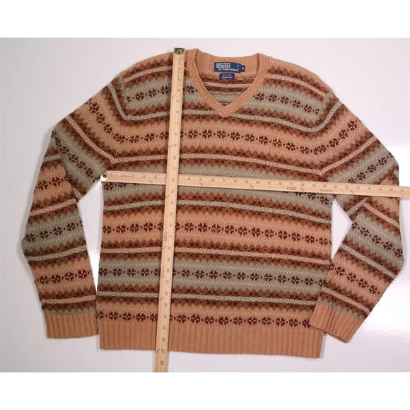 Polo Ralph Lauren Hand Knit Linen-Cotton Brown Striped Aztec V-Neck Sweater~ M - Picture 3 of 5